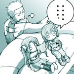  1boy 2girls aqua archer fate/stay_night fate_(series) lowres matou_sakura monochrome multiple_girls o_o shared_speech_bubble speech_bubble spoken_ellipsis st_parasu sweatdrop toosaka_rin younger 