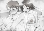  1girl :d bath blush breast_rest breasts brother_and_sister closed_eyes commentary_request greyscale huge_breasts kneeling konakona monochrome nipples nude open_mouth original rubbing short_hair siblings smile soap soap_bubbles sweat wet 