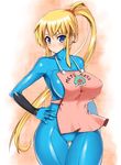  apron blonde_hair blue_eyes bodysuit breasts curvy hand_on_hip huge_breasts long_hair metroid metroid_(creature) nagase_haruhito ponytail print_apron samus_aran solo thigh_gap wide_hips zero_suit 