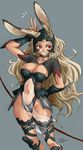  animal_ears armor bow_(weapon) bunny_ears dark_skin ears_through_headwear final_fantasy final_fantasy_xii fran helmet highres long_hair navel nekoguchi red_eyes revealing_clothes smirk solo viera weapon white_hair 