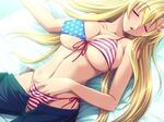  american_flag_bikini anetea!? bed bikini blonde_hair breasts closed_eyes covered_nipples flag_print hand_under_clothes hand_under_swimsuit huge_breasts jpeg_artifacts long_hair navel nora_freeman_misora pants pants_pull side-tie_bikini sleeping solo striped striped_bikini swimsuit tajima_yoshikazu 