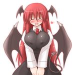  :d ^_^ arayama_reiichi bat_wings blush breasts closed_eyes covered_nipples demon_girl demon_tail dress_shirt fang happy head_wings heart huge_breasts impossible_clothes impossible_shirt koakuma long_hair long_sleeves lowres necktie open_mouth red_hair red_neckwear shirt smile solo tail touhou v_arms vest wings 