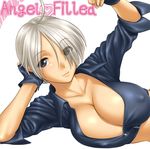  angel_(kof) arm_support blue_eyes breasts cleavage covered_nipples large_breasts silver_hair solo st.germain-sal the_king_of_fighters 