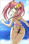  ass beach bikini blue_eyes cloud day duplicate flower gundam gundam_seed gundam_seed_destiny hair_flower hair_ornament hairpin hanzou lacus_clyne long_hair looking_back multicolored multicolored_stripes ocean outdoors pink_hair running sky smile solo striped striped_bikini swimsuit thigh_gap twintails water 