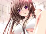  anejiru bathroom blush breasts brown_hair choco_chip game_cg large_breasts long_hair purple_eyes shirakawa_kyouko smile solo steam sweat underboob 