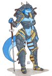  2019 anthro armor big_breasts big_thighs breasts eyebrows eyelashes female haibet helmet holding_object holding_weapon looking_at_viewer melee_weapon non-mammal_breasts reptile scalie simple_background snake_hood solo standing sword thick_thighs traditional_media_(artwork) voluptuous weapon 