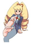  bad_id bad_pixiv_id barefoot big_hair blonde_hair blue_legwear drill_hair feet heriyama long_hair panties panties_under_pantyhose pantyhose rockman ryuusei_no_rockman shirogane_luna solo underwear upskirt 