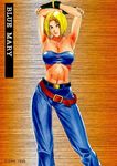  90s armpits arms_up belt blonde_hair blue_mary breasts cleavage fatal_fury large_breasts midriff short_hair solo the_king_of_fighters 