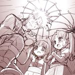  2girls archer cat fate/stay_night fate_(series) lowres matou_sakura monochrome multiple_girls oriental_umbrella pink rain st_parasu tears toosaka_rin umbrella wet younger 