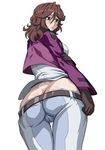  arm_grab ass bad_id bad_pixiv_id belt black_gloves blush body_blush brown_hair butt_crack cameltoe celestial_being_uniform embarrassed from_behind from_below frown gloves gundam gundam_00 jacket long_hair looking_back lowleg military military_uniform no_panties open_clothes open_jacket pants simple_background skin_tight solo standing sumeragi_lee_noriega sweatdrop thigh_gap tofu_(tf07px) uniform wind wind_lift yellow_eyes 