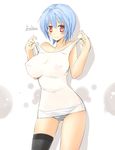  asymmetrical_clothes ayanami_rei blue_hair blush breasts dama huge_breasts neon_genesis_evangelion panties red_eyes see-through single_thighhigh solo striped striped_panties thighhighs underwear 