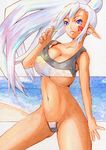  beach blue_eyes breasts cleavage copyright_request elf huge_breasts kanatsuki_tatsuya long_hair pointy_ears ponytail solo swimsuit tattoo traditional_media underboob white_hair 