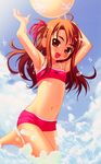  absurdres armpits arms_up ball beachball bikini blush brown_eyes brown_hair child day fang flat_chest highres kamiki_mia long_hair midriff navel nonohara_miki ocean ponytail shishunki solo splashing swimsuit water 