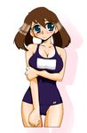  alternate_costume blush breasts caterpillar_(company) cleavage geropper haruka_(pokemon) large_breasts no_bandana no_headwear odamaki_sapphire one-piece_swimsuit pokemon pokemon_special school_swimsuit solo swimsuit 