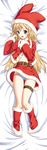  belt blonde_hair blue_eyes christmas copyright_request hat jester_cap leg_warmers long_hair looking_up lying on_back panties santa_costume santa_hat solo striped striped_panties underwear yasuyuki 