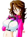  blush breasts brown_eyes brown_hair calypso celestial_being_uniform covered_nipples gloves gundam gundam_00 large_breasts midriff navel solo sumeragi_lee_noriega 