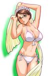  anachronism armpits arms_up bra breasts brown_eyes brown_hair emma_(victorian_romance_emma) front-tie_top glasses large_breasts lingerie maid_headdress panties side-tie_panties solo ueyama_michirou underwear underwear_only victorian_romance_emma 