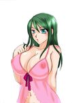  breasts cleavage copyright_request green_eyes green_hair huge_breasts lingerie long_hair navel nightgown nipples see-through solo underwear ureshino 