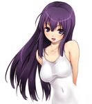  :d akamaru arms_behind_back bare_shoulders covered_navel long_hair lowres navel one-piece_swimsuit open_mouth original purple_eyes purple_hair school_swimsuit shirt smile solo swimsuit taut_clothes taut_shirt taut_swimsuit white_school_swimsuit white_swimsuit 