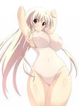  armpits arms_behind_back breasts copyright_request curvy huge_breasts long_hair nanakorobi_yaoki navel nipples one-piece_swimsuit red_eyes see-through solo swimsuit very_long_hair 