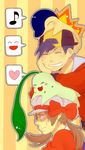  &gt;_&lt; 1girl :d ^_^ alternate_costume animal animal_on_head backwards_hat bad_id bad_pixiv_id baseball_cap black_hair blush bow brown_hair cabbie_hat chikorita chin_rest closed_eyes cyndaquil eighth_note gen_2_pokemon gloom_(expression) gold_(pokemon) grin hat head_rest heart kotone_(pokemon) leaning low_twintails musical_note on_head open_mouth person_on_head pokemon pokemon_(creature) pokemon_(game) pokemon_hgss pokemon_on_head seichirou short_hair smile speech_bubble spoken_face spoken_musical_note stacking sweatdrop twintails xd 