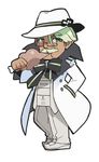  akatsuki_gomoku boned_meat bow buttons chibi dark_skin dark_skinned_male eating eyebrows facial_hair fedora flipped_hair food glasses green_eyes green_hair hand_in_pocket hat headset long_coat macloid macne_papa male_focus meat mustache necktie old_man pants shoes solo 