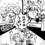  &gt;_&lt; bow bowl cirno closed_eyes eating food fruit greyscale griddle hair_bow hat heart hinanawi_tenshi monochrome multiple_girls nagae_iku okonomiyaki open_mouth partially_translated peach saigyouji_yuyuko sho_(shirojiro_kuroguro) tears tongue toramaru_shou touhou translation_request wings 