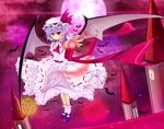  bat bat_wings cloud cloudy.r floating glowing hat magic_circle mary_janes moon night night_sky outstretched_arm outstretched_hand petals reaching red_eyes remilia_scarlet rooftop shoes short_hair sky solo touhou upskirt wind wings 