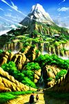  alternate_costume backwards_hat cliff cloud day epic forest gen_2_pokemon gold_(pokemon) hat highres looking_up mountain nature outdoors path pokemon pokemon_(creature) pokemon_(game) pokemon_hgss road scenery sei_jun sky tree typhlosion water waterfall 