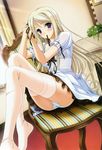  absurdres adjusting_hair blonde_hair blue_eyes chair dutch_angle hair_ribbon highres huge_filesize komori_kei legs legs_up long_legs maria_van_hossen mouth_hold panties pantyshot pantyshot_(sitting) princess_lover ribbon sitting thighhighs thighs underwear white_legwear white_panties 