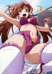 absurdres bra brown_hair code_geass drink frills from_below highres inline_skates lingerie long_hair open_mouth roller_skates shirley_fenette shorts skates smile solo tabata_hisayuki thighhighs underwear unzipped 