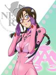  adjusting_eyewear akizuki_ritsuko antenna_hair blue_eyes bodysuit braid breasts brown_hair cleavage cosplay glasses gloves hairband highres idolmaster idolmaster_(classic) large_breasts lipstick long_hair makeup makinami_mari_illustrious makinami_mari_illustrious_(cosplay) neon_genesis_evangelion nerv oofuji_wataru pink_bodysuit plugsuit rebuild_of_evangelion solo twin_braids 