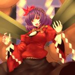  hair_ornament highres leaf_hair_ornament mirror onbashira purple_hair red_eyes rope saemon_(tonpura) shimenawa short_hair solo touhou yasaka_kanako 