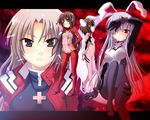  animal_ears black_eyes bloom brown_eyes bunny_ears closed_mouth commentary_request crossover houraisan_kaguya inaba_tewi letterboxed long_hair multiple_girls neon_genesis_evangelion outside_border plugsuit purple_hair rebuild_of_evangelion red red_eyes reisen_udongein_inaba saki_chisuzu silver_hair test_plugsuit touhou yagokoro_eirin 