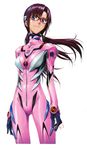  absurdres blue_eyes bodysuit evangelion:_2.0_you_can_(not)_advance glasses hairband highres makinami_mari_illustrious neon_genesis_evangelion official_art pink_bodysuit plugsuit purple_hair rebuild_of_evangelion sadamoto_yoshiyuki smile solo twintails 