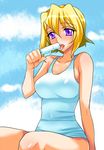  blonde_hair food gundam gundam_seed gundam_seed_destiny one-piece_swimsuit popsicle purple_eyes sexually_suggestive short_hair solo stellar_loussier swimsuit tongue tooru_jin 