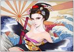  amatiz bad_id bad_pixiv_id breasts cleavage copyright_request fine_art_parody geisha hair_ornament japanese_clothes jewelry kimono lipstick makeup medium_breasts mitsudomoe_(shape) nihongami parody rising_sun solo sunburst sword tomoe_(symbol) torii water weapon 