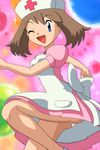  alternate_costume alternate_headwear apron haruka_(pokemon) hat lowres nurse nurse_cap one_eye_closed panties pantyshot pokemoa pokemon skirt skirt_lift smile solo underwear upskirt white_panties 