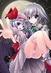  bad_id bad_pixiv_id bat_wings blue_eyes bobby_socks bow braid cameltoe carrying foreshortening full_moon grey_hair hair_bow hat izayoi_sakuya maid moon multiple_girls open_mouth outstretched_arm outstretched_hand panties princess_carry red_eyes remilia_scarlet short_hair skirt smile socks tareme touhou twin_braids underwear utakata_(kochou_no_yume) wings 