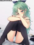  1girl aqua_eyes black_legwear black_skirt crying crying_with_eyes_open green_hair hair_between_eyes hair_ornament hair_ribbon hairclip highres kantai_collection long_hair looking_at_viewer nuka_(nvkka) panties pantyshot pleated_skirt ponytail ribbon skirt solo striped striped_panties tears thighhighs underwear yamakaze_(kantai_collection) 