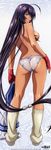  absurdres ahoge ass black_hair blue_eyes blue_panties breasts contrapposto fingerless_gloves from_behind gloves hair_over_one_eye highres ikkitousen ikkitousen_great_guardians kan'u_unchou long_hair long_image looking_back loose_socks low-tied_long_hair medium_breasts non-web_source panties rin-sin sideboob socks solo standing stick_poster tall_image topless underwear very_long_hair 