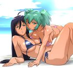  all_fours bikini blue_hair breast_press breasts green_eyes green_hair ikkitousen kan'u_unchou large_breasts long_hair lying multiple_girls ryofu_housen side-tie_bikini swimsuit thong_bikini twintails ueyama_michirou yuri 