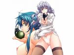  blue_hair breasts brown_eyes chidori_kaname dress_shirt explosive full_metal_panic! grenade gun large_breasts long_hair medium_breasts multiple_girls nagayori nipples one_eye_closed panties shirt silver_hair teletha_testarossa thighhighs underwear weapon 