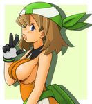  alternate_breast_size alternate_costume bandana blue_eyes breasts brown_hair covered_nipples haruka_(pokemon) hat large_breasts pokemon pokemon_(game) pokemon_emerald pokemon_rse sideboob solo tsumitani_daisuke 