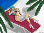  anakaris aqua_hair bandage bandages boots bra capcom cosplay deck_chair high_heels lingerie morrigan_aensland palm_tree pool tree underwear vampire_(game) vampire_game 