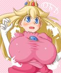  blonde_hair blue_eyes breast_expansion breasts covered_nipples crown huge_breasts long_hair mario_(series) princess_peach solo super_mario_bros. surprised surprised_arms torathi 