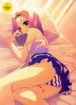  bed brown_eyes copyright_request highres murakami_suigun panties pantyshot pillow pink_hair solo underwear 