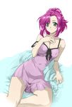  arm_support bed breasts cleavage colorized covered_nipples green_eyes kazami_mizuho lingerie medium_breasts nightgown non-web_source onegai_teacher pink_hair smile solo third-party_edit tim_tim_machine underwear 