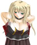  asamura_hiori bad_id bad_pixiv_id bare_shoulders bent_over blonde_hair blush breasts cleavage gloves green_eyes hands_on_hips huge_breasts long_hair naughty_face original solo 