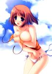  absurdres bare_shoulders bikini blue_eyes blush breast_hold breasts cleavage cloud covering covering_breasts da_capo da_capo_ii day highres large_breasts non-web_source orange_hair short_hair solo swimsuit tsukishima_koko untied untied_bikini wardrobe_malfunction yaegashi_nan 